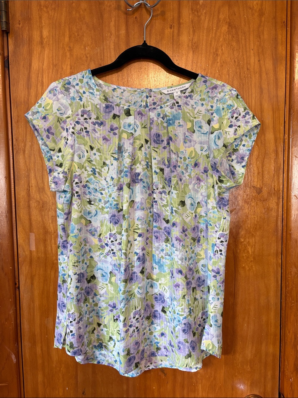 41 Hawthorn Pastel Floral Short Sleeve Top in Green & Purple - Size M